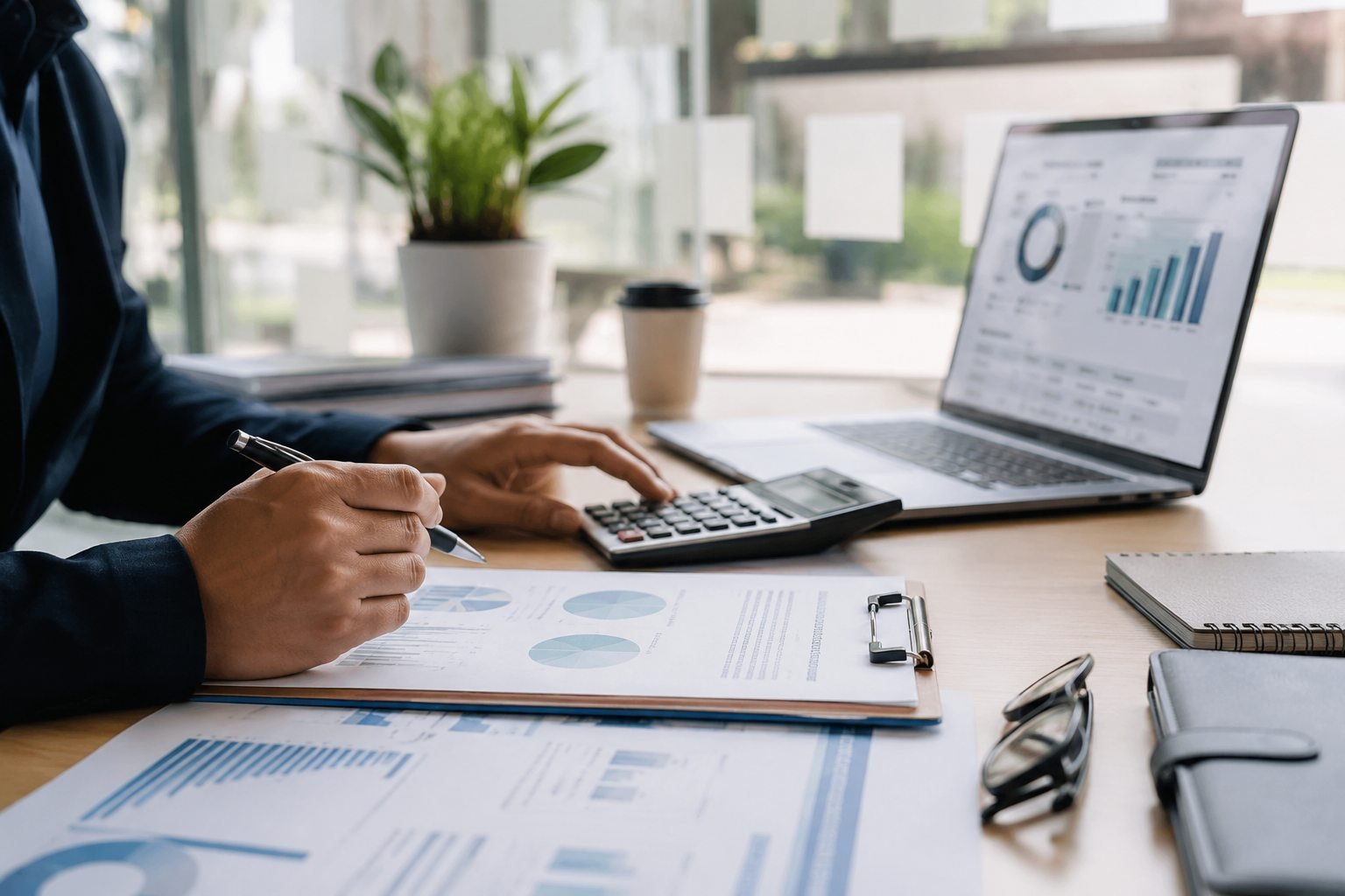 A desk with a calculator, printed financial reports and a laptop showing a dashboard of charts, someone making notes with a pen